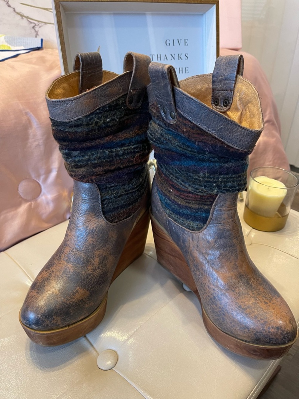 BED|STU BRUGES DISTRESSED LEATHER MULTI-COLOR SWEATER ANKLE BOOTS SIZE 7.5